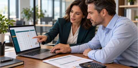 two people in an office looking at data