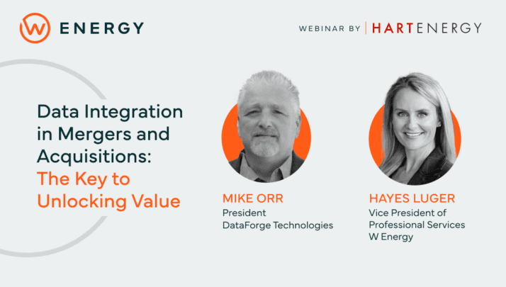 Banner for Hart Energy Webinar "Data Integration in Mergers and Acquisitions: The Key to Unlocking Value" with Mike Orr and Hayes Luger