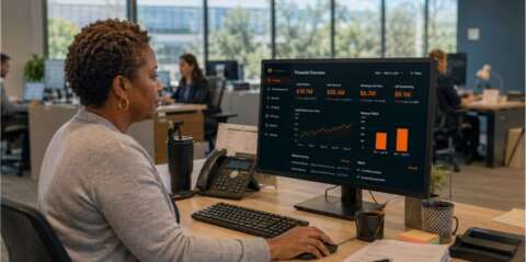woman reviewing financial data on computer