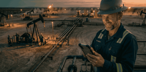 construction worker looking at phone