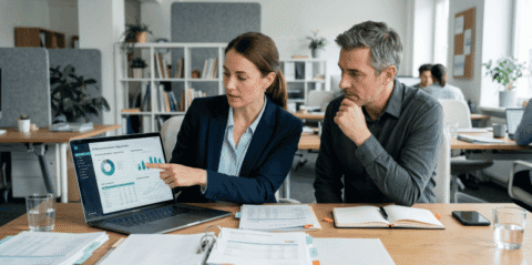 two coworkwers looking at a graph on a tablet