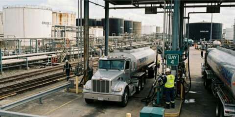 Gasoline trucks at fill station